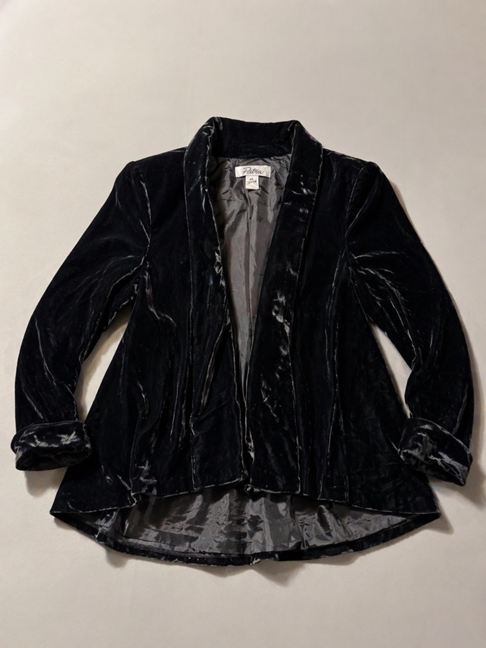 Vintage 90s Patra Black Velvet Swing Jacket Open Front Draped Evening Coat Med